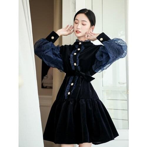 BLLOCUE The New Trend Womens Temperament Dress Autumn Winter Gold Velvet Mesh Ladies Fashion Casual Dresses