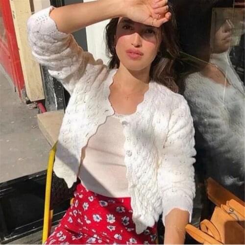 2019 Autumn New Knitting Crochet Hollow out Hole Single Breasted Button Cardigan Sweater Woman Long Sleeve Jumper Knitwear