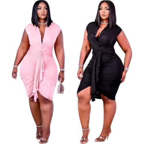 Plus Size Women Sexy Clubwear Dress 2021 Summer Deep V-neck Sleeveless Shirring Lace-up Bodycon Knee-length Solid Party Dresses