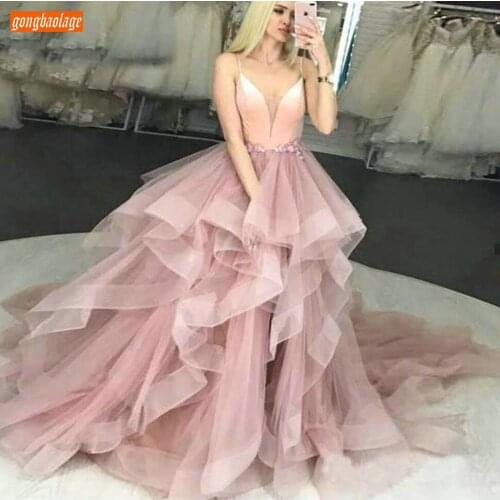 Luscious Boho Pink Prom Dresses Long Spaghetti Strap Tulle Ball Gown Women Party Gowns 2021 Custom Made Robe De Bal Femme Longue