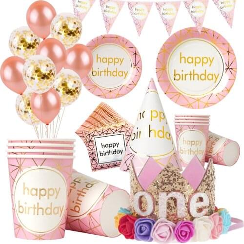 Pink Bronzing Birthday Party Disposable Tableware Set Paper Plates Napkins Cup Tableware Decor for Kids Birthday Party Supplies