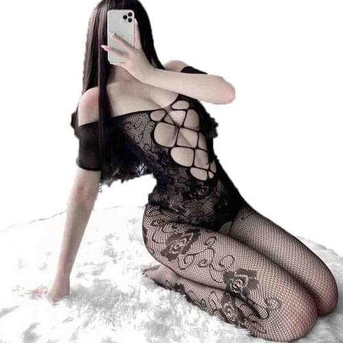 Sexy Fishnet Bow Bodysuit Hollow Out Butt Erotic Lingerie Open Chest Stretch Mesh Body Stocking Doggy Costumes For Women