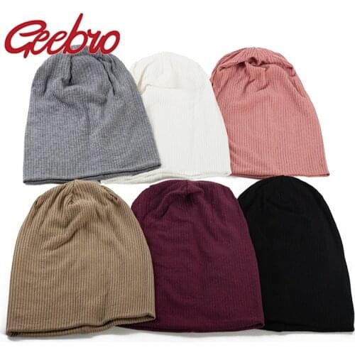 Geebro Women Soft Stretch Ribbed Casual Skullies Beanies Hat Ladies Men Baggy slouch Fashion Striped Knitted Warm Gorros Caps