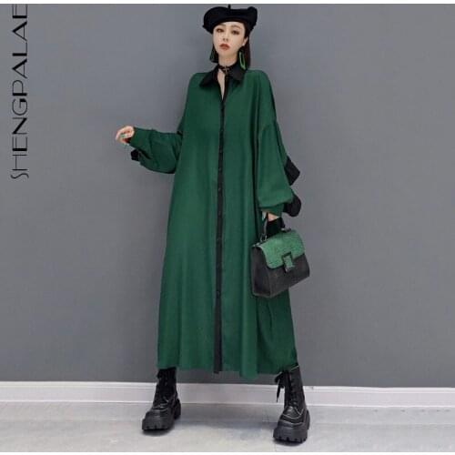 SHENGPALAE Contrast Color Shirt Dress Womens Autumn 2021 New Lapel Loose Single Breasted Long Sleeve Mid-calf Dresses Female