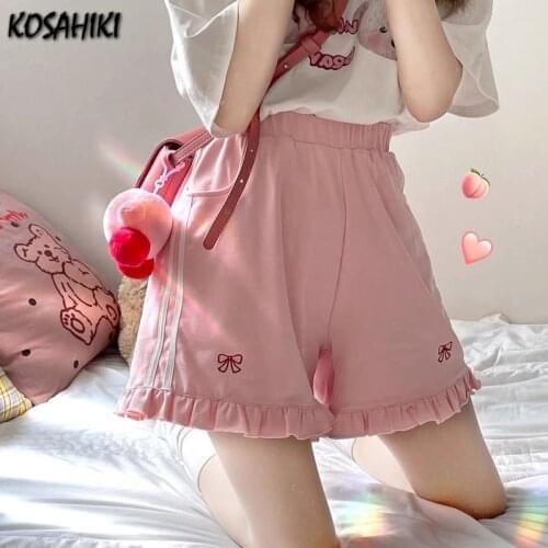 KOSAHIKI Kawaii Streetwear Bow Pattern Patchwork Elastic High Waist Straight Shorts Women Summer Sweet Cute Shorts Femme