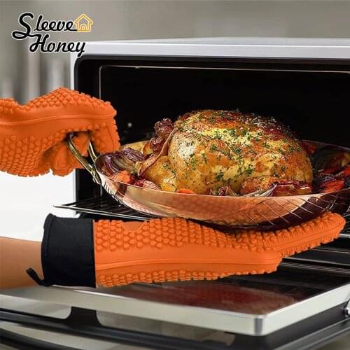 Kitchen Oven Gloves Barbecue Grill Silicone Heat-Resistant Cooking Glove Pair BBQ Gloves With Long Sleeve Baking Cook Dropship