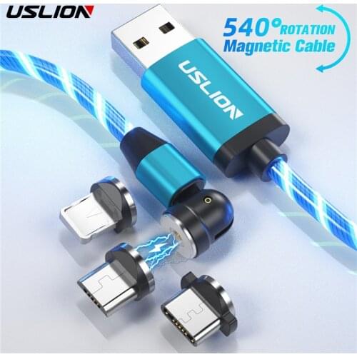 USLION Mobile Phone charging Magnetic USB Cable Flowing Light charger line For Iphone 12 Micro cord Type C Cable Samsung Xiaomi