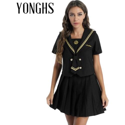 Womens Schoolgirl Uniform Cosplay Costume Carnival Party Clothes Sailor Collar Short Sleeve Tops with Pleated Skirt Bow Tie