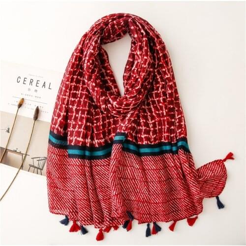 Dark Color Plaid Printed Shawl Scarf For Women Antumn Head Wraps 180x90cm Tassel Muslim Hijab Scarves