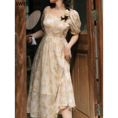 SWEETXUE Vintage Girl Print Chiffon Dress Fashion 2021 Summer Womens Square Neck High Waist Puff Sleeves Romantic Chic Dress