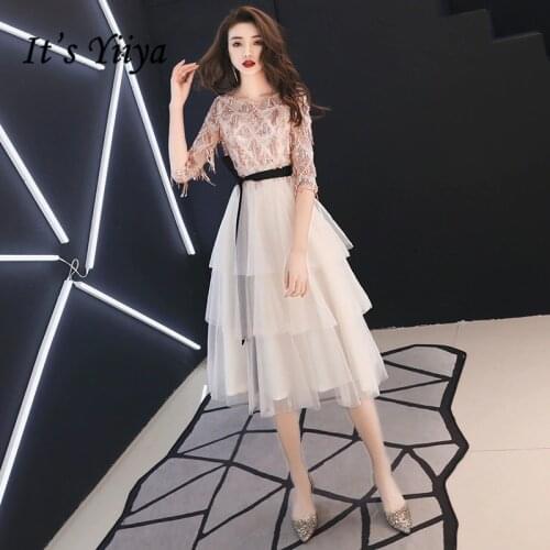 Its Yiiya Prom Dress Champagne O-neck Sequins Tassel Half Sleeves Knee-length Plus size Women Party Night Vestidos De gala E434