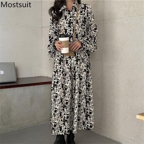Vintage Printed Women Long Dress Korean Loose Fashion Full Sleeve Turn-down Collar Women Midi Dresses Vestidos Femme 2021