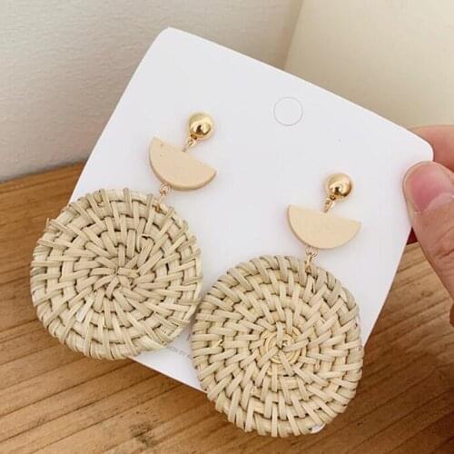 2019 Korea Handmade Wooden Straw Weave Braid Drop Earrings Double Circle Rattan Vine Knit Long Earrings For Women Girl y1224