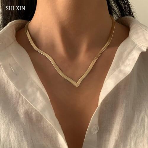 SHIXIN Simple Snake Chain Short Choker Necklace for Women/Girls Fashion V Shape Gold/Silver Color Necklaces Chains on Neck 2021