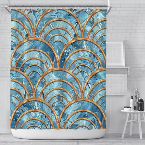 European golden geometric square Customizable digital printing polyester waterproof shower curtain 1.8x1.8m bathroom curtain