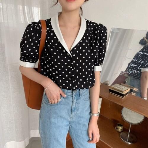 Kili Korean Version Of the Retro Black and White Wavelet Point Hit Color Lapel Puff Sleeve Shirt Female Black One Size