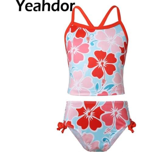 Summer Kids Girls Swimsuits Swimwear Beachwear Tankini Floral Print Swimming Bathing Suit Tops with Tie Side Bottoms Set