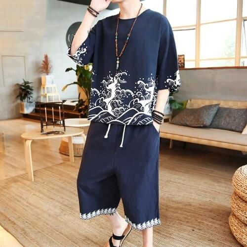 Summer Men Set Vintage Chinese Cloud Printed Wushu Clothing Beach Shorts + Shirts Male Hip Hop New Arrival 2020 Set 5XL