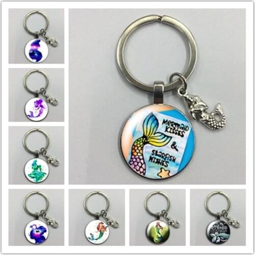 Beautiful mermaid girl gift dream come true round glass cabochon keychain car keychain key ring charm gift keychain