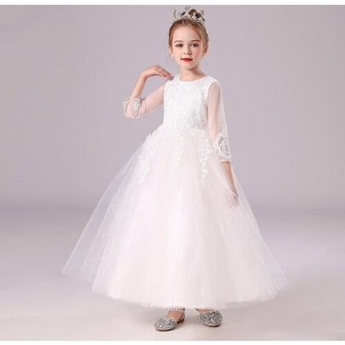 4-15 Years Flower Lace Dress Girls Clothes Princess Party Pageant Long Gown Kids Mesh Dresses for Girls Wedding Evening Clothing