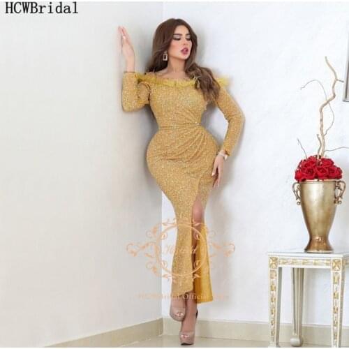 Dubai Gold Long Sleeves Evening Dress Shiny Beads Feather Off The Shoulder Formal Dresses Customize Sexy Prom Party Gowns