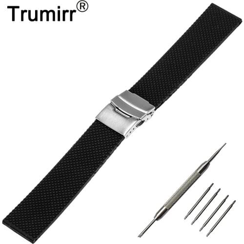 20mm Silicone Rubber Watch Band for Ticwatch 2 42mm Stainless Steel Safety Buckle Strap Replacement Wrist Belt Bracelet Black