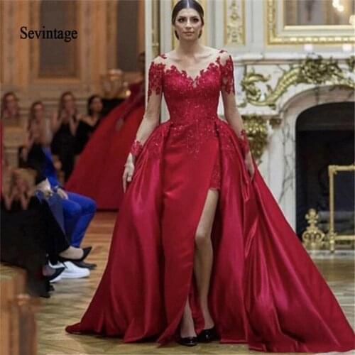 Sevintage Long Sleeves Lace Appliques Celebrity Dresses with Sweep Train Evening Party Dress Side Split Formal Prom Gowns