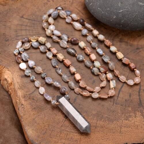 Hexagon Moon stones Mens Amulet Pendant Necklace Long Beaded Chain