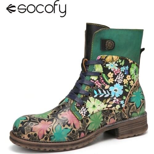 SOCOFY Womens Boots Printing Natural Flowers Pattern Round Toe Genuine Leather Comfy Wearable Short Boot Lining Fluff Warm 2021