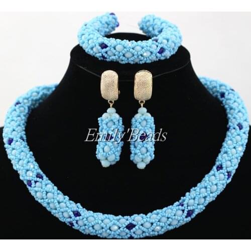 Stylish Blue Nigerian Wedding African Beads Jewelry Set Handmade Indian Dubai Bridal Necklace Sets Free Shipping ALJ393