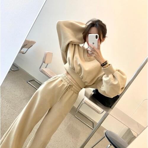 Loose Cotton Fleece Pullover Hoodies V Neck Lantern Sleeve Top Casual Sets Solid Wide Leg Pant Drawstring Waist Sweatpants