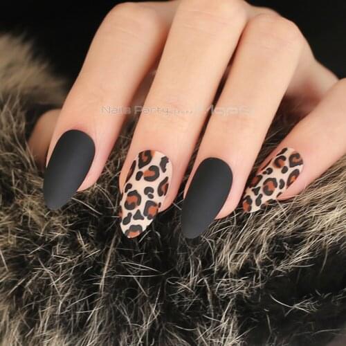 Tiger matte fasle nails Black almond Leopard print Wild Scrub Burgundy nude fake nail stiletto 24pcs full sets faux ongles