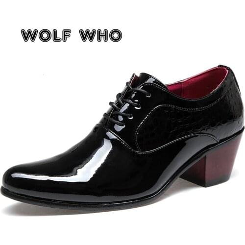 WOLF WHO Luxury Men Dress Wedding Shoes Glossy Leather 6cm High Heels Fashion Pointed Toe Heighten Oxford Shoes Party Prom X-196