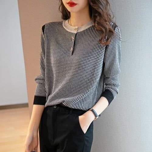 JXMYY Western style all-match loose top women 2020 autumn new round neck long sleeve black and white plaid sweater