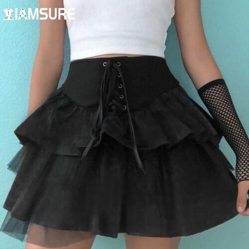 IAMSURE Gothic Lace Black Pleated Dark Tie Front Hight Waisted Mini Skirts Sweet Girl Casual Streetwear Women 2021 Y2K Aesthetic