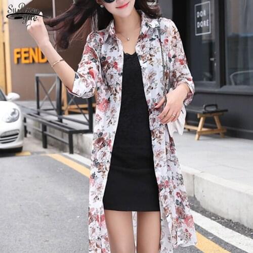 Summer Sun Protection Women Top and Blouse Floral Long Blouses Nice Chiffon Cardigan Loose Half Sleeve Flower Print Shirts 4152