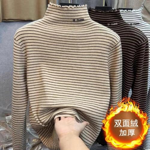 Woman Tshirts Womens Turtleneck Long-Sleeved Striped T-shirt for Autumn and Winter Tops Mujer Camisetas