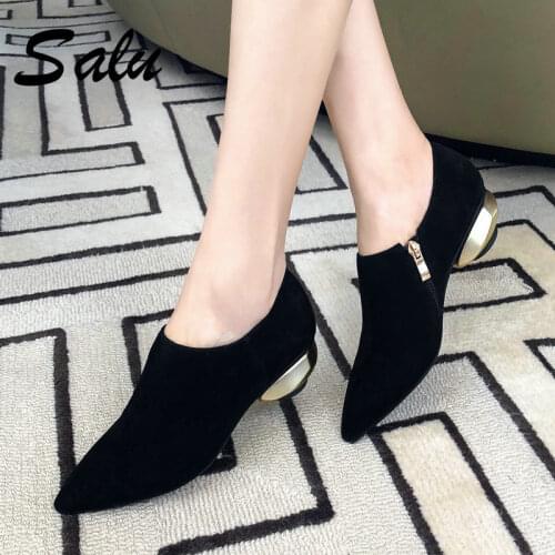 Salu Single Concise Cow Suede Leather Women Shoes Elegant Pointed Toe Thick Heels Pumps Famale Spring Summer Office Shoes Woman