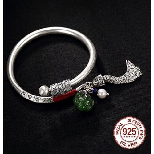 990 Sterling Silver Gemstone Jade Resizable Bangles Thai Silver Lotus Lucky-beads Tassel Bracelet Bangle Vintage Jewelry Women