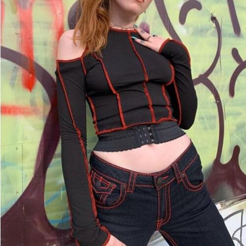Womens Sexy Crop Top Lady Girls Stylish Patchwork Off Shoulder Long Sleeve Crew Neck T-Shirts Clothing