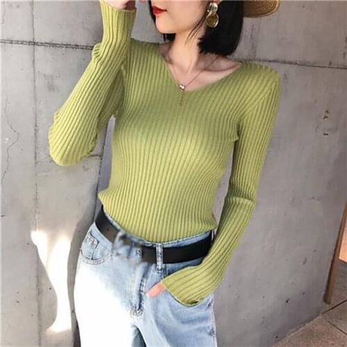 Womens Sweater New 2020 Autumn Winter Ladies V-neck Core-spun Sweaters Female Slim Thin Base Shirts Avocado Green Knitted Tops