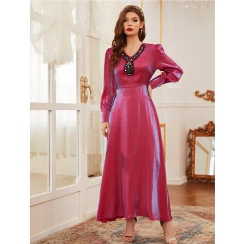 2021 New Dubai V-Neck Full Sleeve Long Dress For Women Muslim Abaya Caftan Saudi Turkey Rose Red Robe Arabe Elegant Dresses