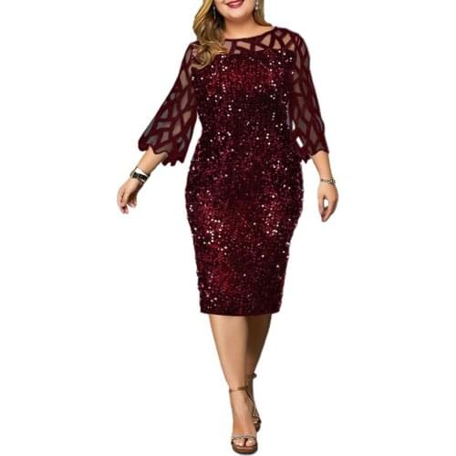 Ladies Casual Dress Dress Women O Neck 3/4 Sleeve Sheer Patchwork Shiny Sequins Bodycon Knee-length Dress Party Dress Women 2021