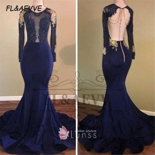 2021 Mermaid Evening Dress Backless Scoop Long Sleeves Backless Floor Length Elastic Satin Evening Prom Party Gowns