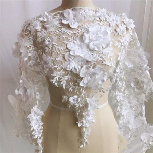 1 Yard White Blue Pink Wedding Dress Lace Fabric 3D Chiffon Flowers Nail Bead Pearls High End European Lace Fabric Free Shipping