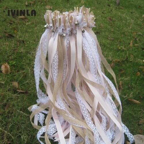 50pcs/lot Pink jute WeddingWands with white lace for wedding decoration