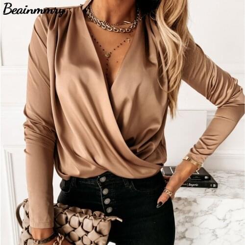 Women Fashion Solid Satin Deep V-Neck Long Sleeve Blouse 2021 Spring And Autumn Elegant Office Ladies Ruched Blouses