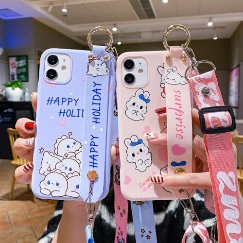 Phone Holder Case for Samsung Galaxy A32 A42 A12 5G A52 A72 A02S Cat Rabbit Wrist Strap Case