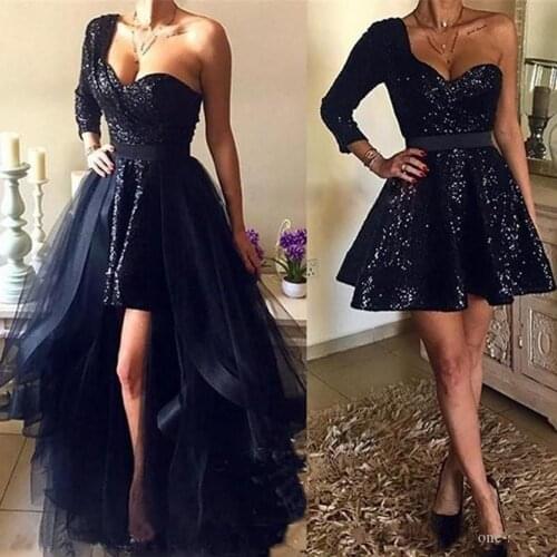 Lorie 2 in 1 Black Sequins Prom Dresses with Detachable Skirt 2021 One Shoulder Long Sleeve Arabic African Short Evening Gowns