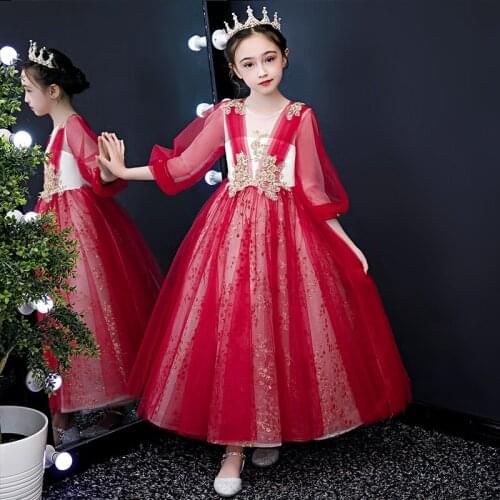 Flower Girl Dress Three Quarter Illusion Embroidery Sequined Beading Pleat Princess Floor-Length Lace Tulle Kids Party Gown H203